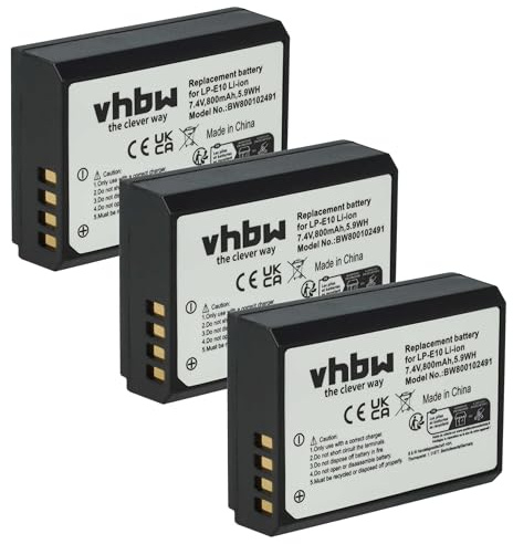 vhbw 3X Akku kompatibel mit Canon EOS 1100, 1200D, 1100D Kamera (800mAh, 7,2V, Li-Ion) - Ersatz für Canon LP-E10