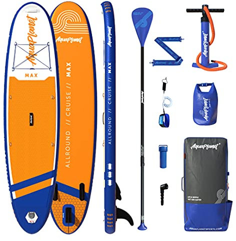 AQUAPLANET Aufblasbares Stand-Up Paddleboard Set - Max I 325 cm I Ideal für SUP Anfänger & Experten I Beinhaltet Finne, Paddel, Pumpe, Reparaturset, Rucksack, Leine, Trockensack, Trageriemen