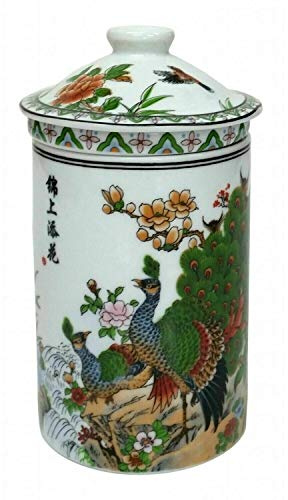 Porcelain Chinese Tea Mug with Infuser and Lid - Peacocks Pattern