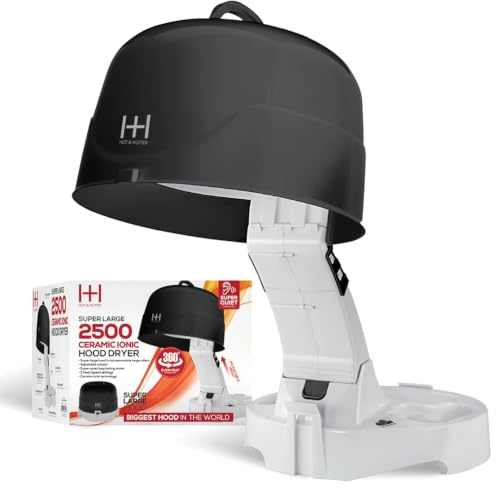 Annie Hot & Hotter Super Large Ceramic Ionic Hood Dryer – Professional Salon Hair Dryer with Adjustable Height, 3 Heat & Speed Settings, Portable Hooded Dryer for Rollers, Deep Conditioning & Styling