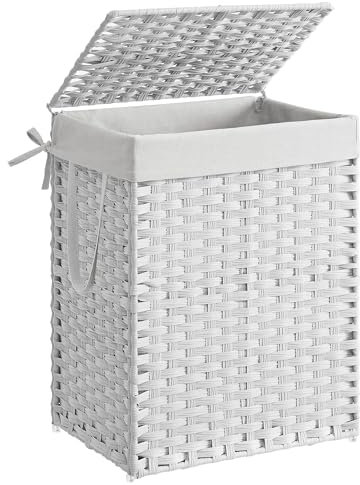 SONGMICS Cesta de lavandería tejida a mano, 23.8 galones (90 L), cesta de lavandería de ratán sintético con tapa y asas, plegable, bolsa de forro extraíble, blanco ULCB51WT