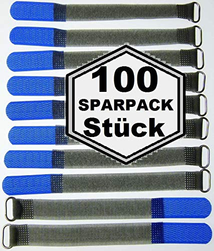 100x 16 cm x 16 mm FUK wiederverschleßbare Klett-Kabelbinder BLAU mit Metall-Öse - Kabel-Klettband 160 mm wiederverwendbar