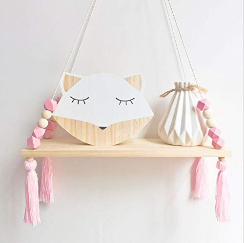 IVAILEX Wandregal Kinderzimmer Quaste mit Holzperlen, Hängeregal Kinderzimmer, Schweberegal Holz, Verwendet für Raumaufbewahrung, Schlafzimmer, Wohnzimmer, Kinderzimmerdekoration-Rosa