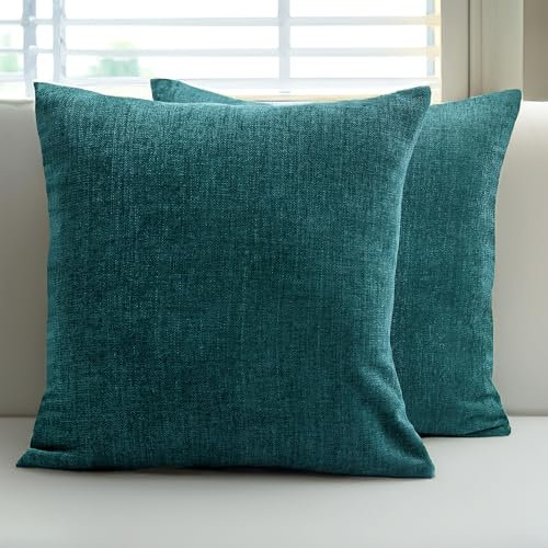 Encasa XO Chenille Kissenbezüge Set von 2 | Azul Blue - (24x24) (60x60 cm) | Dekorative Akzent Quadratische Wurfkissenbezüge Für Couch, Heimdekoration, Sofa