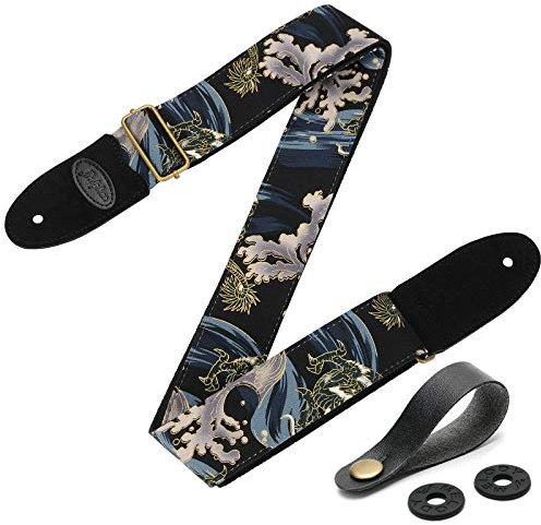 Guitar Strap with 2 Strap Locks & Strap Button, Dragon Guitar Strap Cool Designed Shoulder Strap with Suede Leather Ends for Bass, Acoustic & Electric Guitar (Black Gold Dragon)
