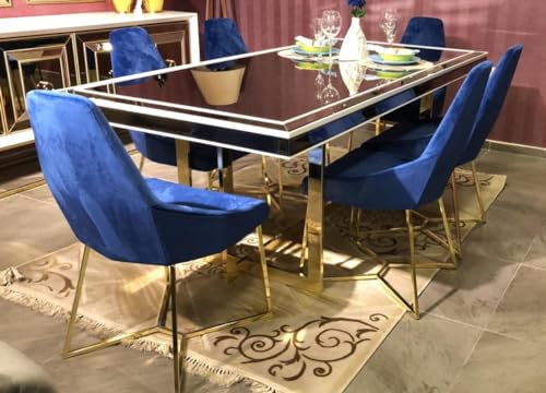 Casa Padrino Luxus Esszimmer Set Blau/Weiß/Gold - 1 Esszimmertisch & 6 Esszimmerstühle - Luxus Esszimmer Möbel