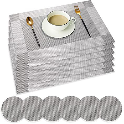 wiipara Placemats Set of 6, PVC Place Mats and Coasters Washable Non-Slip Heat Resistant Table Mats for Kitchen Dining Table Home Restaurant (6 Placemat + 6 Coaster, Silver Grey)