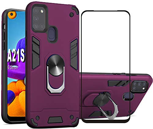 Samsung galaxy A21S Phone Case,Folmeckat With Screen Protector 360 Degree Rotating Metal Ring Shock Absorption Reinforced Corner TPU for Galaxy A21S 6.5 Wine red