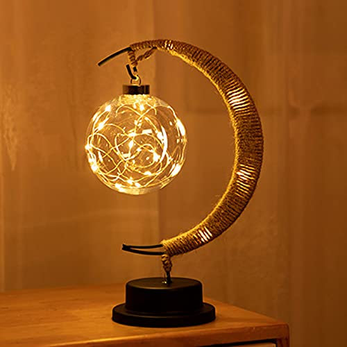 Enchanted Lunar Lamp Night Light Battery Operated Sun Moon and Star Light with Sepak Takraw Dangling Romantic Rattan Children's Birthday Hand Made Hemp Rope Iron Night Lamp for Home Bar Decorations
