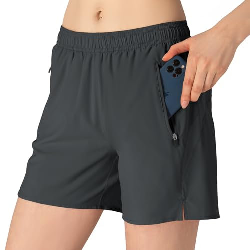 donhobo Damen Sport Shorts Kurze Hose Yoga Fitness Gym Shorts Laufshorts mit Reißverschlusstasch (Dunkelgrau, M)