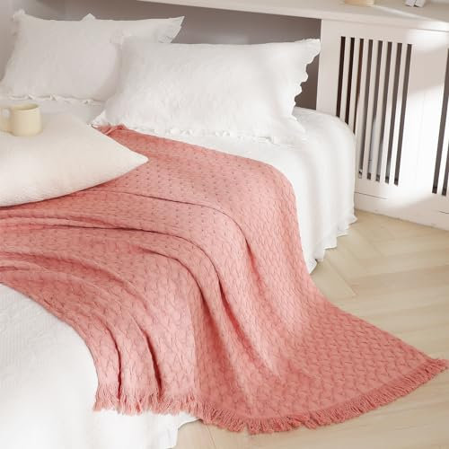 SIMPLEOPULENCE Überwurfdecke aus 100 % Baumwolle für Couch, Bett, Waffelgewebe, Strickdecke mit Quasten, weich, leicht, vorgewaschen, bequem, Bauernhaus-Dekor für alle Jahreszeiten (Blush Pink)