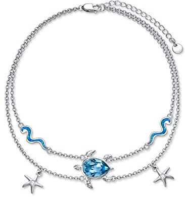 Flpruy Schildkröte Fußkettchen 925er Sterling Silber, Meeresschildkröte Damen Fußkettchen Schildkröte Doppelkette Schmuck, Geschenk für Weihnachten Valentinstag
