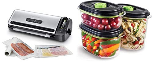 FoodSaver FFS017X - Envasadora al Vacío con un Cutter Incorporado, Funciones solo Sellado & FoodSaver Recipiente para conservar y marinar al vacío,1.2 L y 1.8 L, Color Transparente/Negro