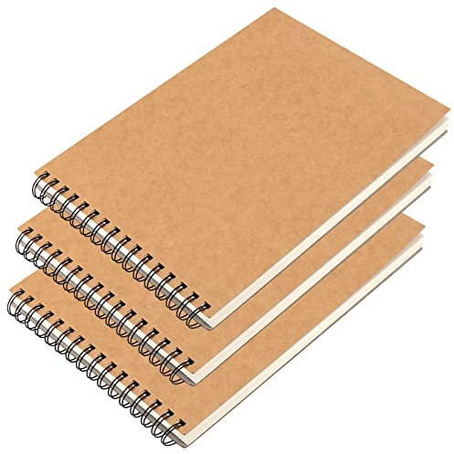 JEUIHAU 3 Pack A4 Spiral Sketchbook, 160gsm Blank Kraft Spiral Bound Hardback Notebook, Kraft Cover Sketch Book for Portrait, Sketching, Drawing, Scrapbooking, 100 Pages (50 Sheets), Upturning Type