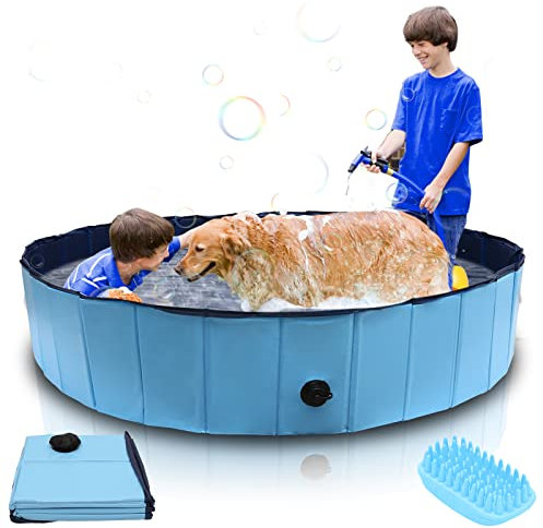 Vigevee Hundepool für Kleine Hunde 160x30cm Hundepool fur Große Hunde Hundebadewanne Planschbecken Hundepool Faltbar Blue Hunde Pool inkl. Badebürste & Reparaturset Dog Pool