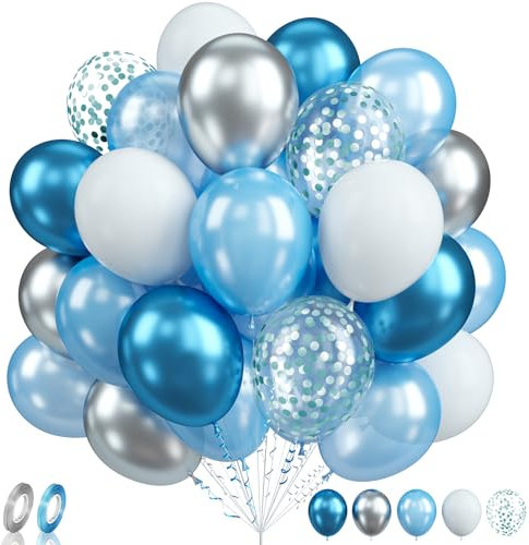Biapian Blue White Balloons Set, 60PCS Blue Silver Birthday Balloon, 12Inch Blue and White Latex Balloons Metallic Silver Blue Helium Balloon for Birthday Wedding Party Decoration