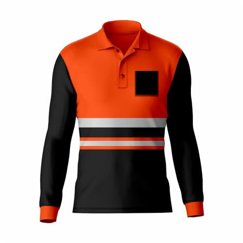 Mens Hi Vis High Visibility Reflective Tape Safety Contrast Polo Shirt Long Sleeve Workwear Tee Tshirt Top Orange Black