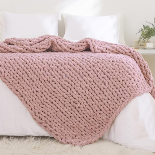 YAAPSU Grobstrickdecke, 129,5 x 160 cm, Chenille-Überwurfdecken, Grobstrick-Überwurfdecke für Couch und Bett, weiche große Strick-Überwurfdecken, grobes Garn, große Dicke Zopfstrickdecken (Altrosa)