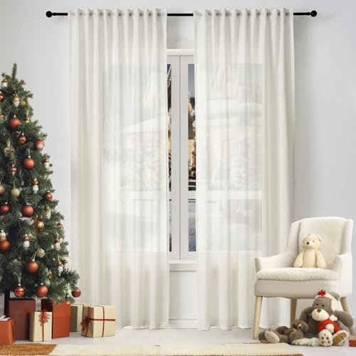 WOLTU 2er Set Gardinenn, Schiebegardine für Wohnzimmer Schlafzimmer, mit Kräuselband, Leinenoptik, Halbtransparent Voile modern, 135 x 225 cm, Creme