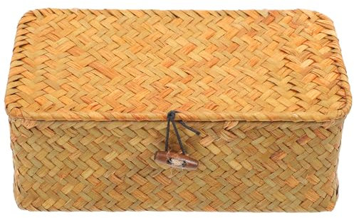 STOBAZA Aufbewahrungskorb aus geflochtenem Rattan - Aufbewahrungsbox mit Deckel, Seegras, Wäschekörbe, Make-up-Organizer für Badezimmer, Wohnzimmer, Küche 23x13x8cm