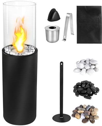 XMTECH Chimenea de bioetanol independiente redonda de 80 x 23 x 23 cm para interior y exterior, chimenea de etanol con hasta 150 min de combustión, chimenea de bioetanol, chimenea de suelo, salón,