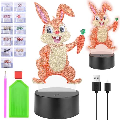 Homgaty Geschenke für Mädchen 5 6 7 8 9 10 Jahre, Bastelset Hase Diamond Painting Kinder Mädchen, Kreative Nachtlicht Basteln am Kindergeburtstag, Ostergeschenke für Kinder 6-12 Jahre