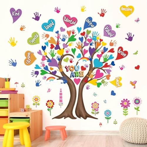 wondever Large Hearts Tree Handprint Wall Stickers Classroom Tree Inspirational Quotes You are Strong Peel and Stick Wall Art Decals for Kids Room Elementary School Teacher Classroom