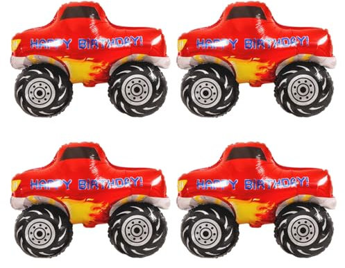 FUIPVGI 4 Stück Folienballon Monster Truck Folienballons, Auto Geburtstag Kit Cars Geburtstagsdeko Auto Thema Party Dekorationen Riesenballon für Kindergeburtstag Party Deko (Rot)