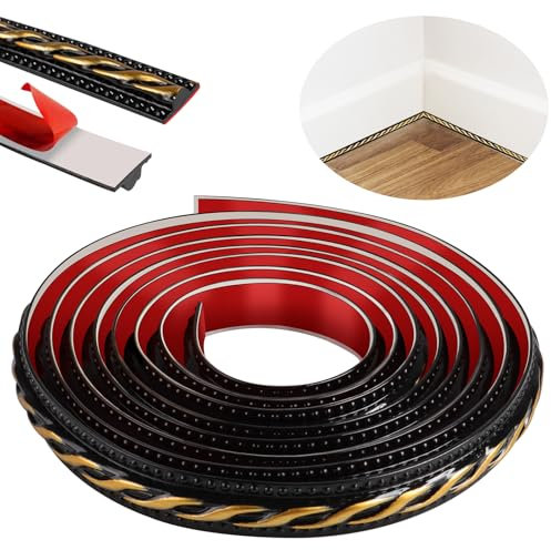 300cm Zierleisten Selbstklebend,Peel and Stick Wandleisten,3D Deckenleisten Selbstklebend für Spiegelrahmen,Möbel,Türrahmen,Decken,Heimdekoration(Schwarz mit Gold)