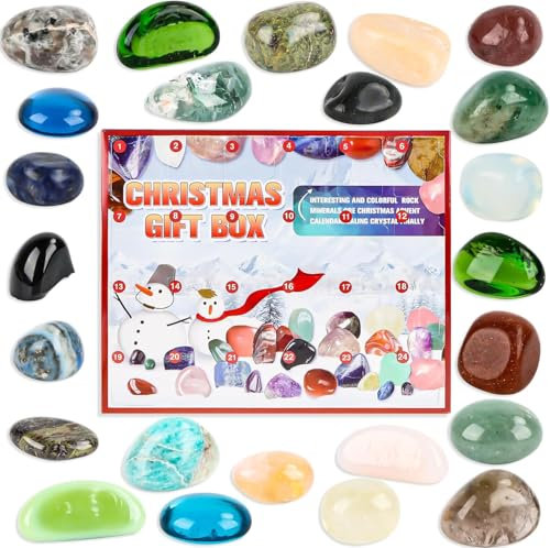 Weihnachts Adventskalender, 24 Tage voller Überraschungen mit Naturkristall-Edelsteinen zu Weihnachten, Weihnachts-Blindschachtel-Geschenke für Jungen, Mädchen und Geologie Enthusiasten