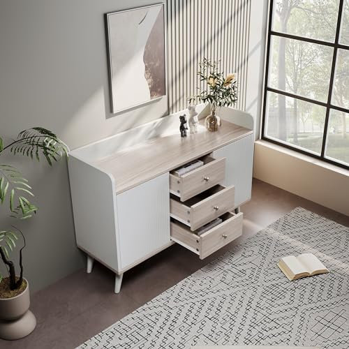 Gegtuon Kommode Schrank, Sideboard mit 3 Stauraum Schubladen, Mehrzweckschrank Aufbewahrungsschrank mit Schiebetüren und Fächern, Möbel für Wohnzimmer Schlafzimmer, 117,5x80x39,5 cm, Weiß & Natur