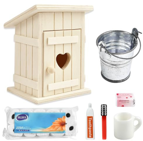 Puppenhaus Zubehör Set - 7 PCS Wichtel, Badezimmer, 1:12 Miniatur Toilettenartikel, Toilettenhäuschen, Toilettenpapier und Eimer