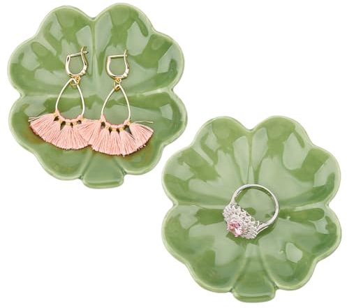 GOMAKERER 2 Stück Keramik Ringhalter Mit Vierblättrigem Kleeblatt Schmuckschale Mit Glasiertem Lotusblatt Kunststil Schmucktablett Porzellan Schmuckteller Schmuckschale Tablett Für Ohrringe Halsketten