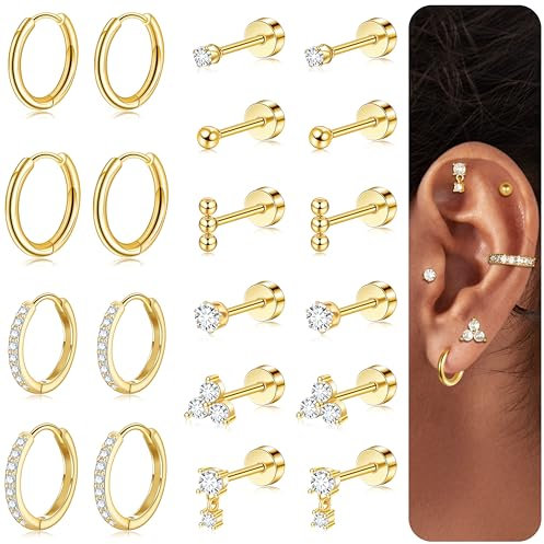 LYLYMIMI Small Hypoallergenic Flat Back Stud Earrings for Women Men 14K Gold Plated Surgical Stainless Steel Earring Sets Tiny Screw Back Cartilage Earring