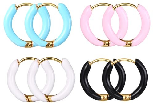 Cupimatch Damen Emaille Umarmung Hoop-Ohrringe: 4 Paare Edelstahl Runde kleine Creolen Set Elegant College-Stil Umarmungs-Ohrringe Mädchen Ohrstecker, Rosa/Blau/Schwarz/Weiß