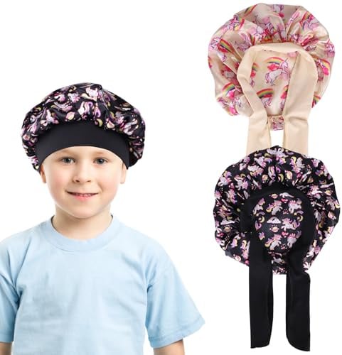 EOAMGO 2 Stück Kinder Seidenhaube zum Schlafen, Silk Bonnet Sleep Cap Kind, Einhorn Satin Haarhaube für Kleinkinder, Mädchen, Jungen (Schwarz und Khaki)