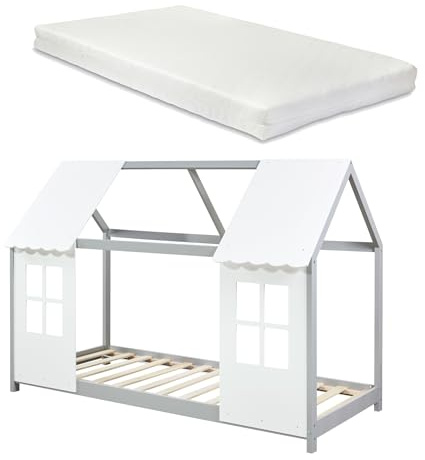 [en.casa] Kinderbett Tostedt mit Matratze Hausbett Jugendbett Bettenhaus Spielbett Halboffenes Design Montessori Bett aus massiver Kiefer Bettgestell Holz 90 x 200 cm Grau/Weiß