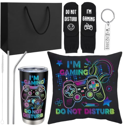 saerryor Gamer Gift Set for Men Teen Boys Boyfriend Gaming Lovers | Insulated Steel Tumbler, Pillowcase, Non-slip Socks, Keychain & Gift Bag, for Valentine Birthday Christmas Easter gifts