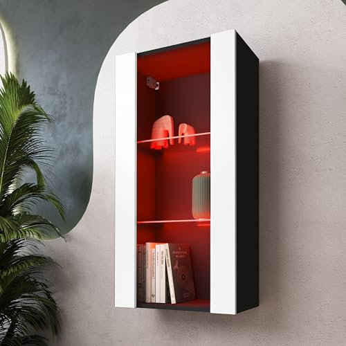 Komodee, Hängende Vitrine Schrank Tivoli, Weiß/Schwarz, Breite 50cm x Höhe 100cm 50cm x Tiefe 29cm, LED RGB, 2 Regalböden, für Wohnzimmer, Schlafzimmer, Eingang