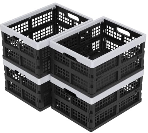 Parlynies Set of 4 Plastic Storage Collapsible Crate, Folding Box Storage Basket, 15 L, Black