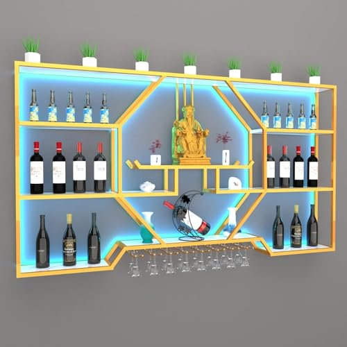 Étagère à vin murale à LED - Présentoir en fer pour bouteilles de vin et verres - Parfait pour salle à manger ou garde-manger