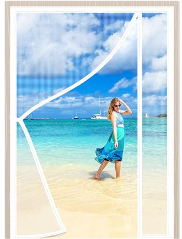 Side Opening Magnetic Fly Screen Door 105x220cm White Top to Bottom Seal Snaps Shuts Automatically & Full Frame Adhesive Tape Pet and Kid Friendly Keep Away from Mosquitoes Insects