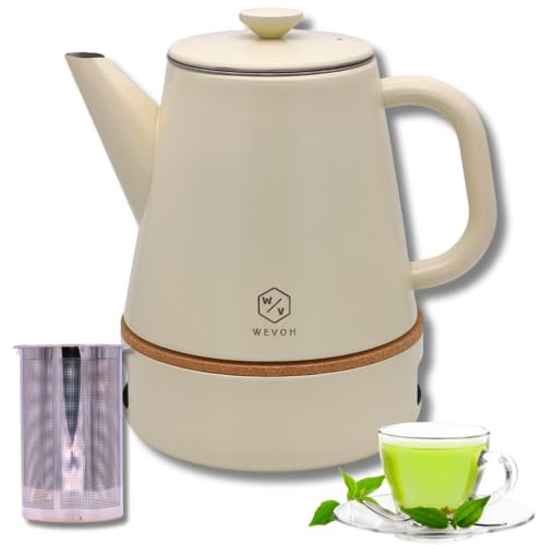 Edelstahl Teekanne 1 Liter mit Stövchen - Doppelwandig, Tropffreier Ausguss - mit Siebeinsatz für losen Tee oder Teebeutel (Beige)