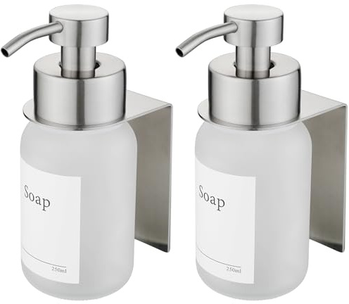 Confezione da 2 dispenser di sapone in vetro con montaggio a parete, autoadesivo, dispenser a pompa in acciaio inox per sapone liquido, senza fori, 250 ml (gelo/argento)
