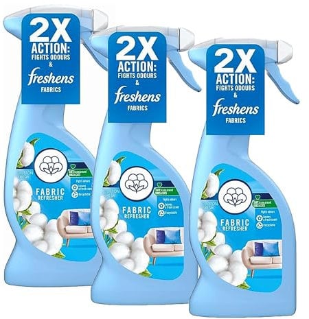 Fabric Air Freshener Spray Odour Eliminator - Pack of 3 x 375ml Cotton Fresh Water-Based Formula Fabric Spray. Room Fresheners For Home, Sofas, Carpet with Topline Card