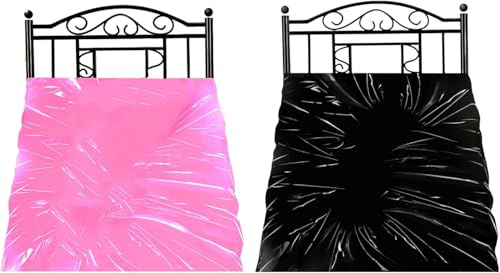 2 Stück Wasserdicht Wet Bettwäsche, Wasserdichtes Sexlaken, Abwaschbares Fetish Bettlaken,PVC Laken Sheets für Paare 210 * 200cm, für Ausgiebige Nasse, Paare,Schwarz+Rosa