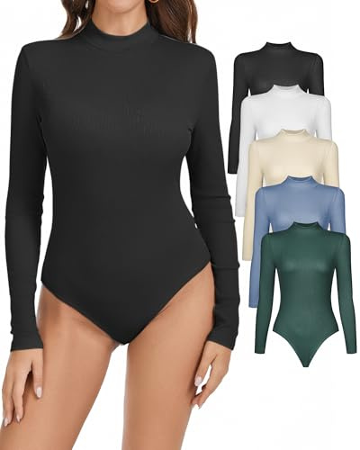 KIYEREE 5 Pack Long Sleeve Body Suits for Women Turtleneck Mock Neck Bodysuits Basic Ribbed Bodysuit Tops Easter Gifts Set 1 M
