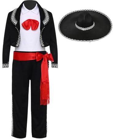 Aislor Costume Traditionnel Mexicain pour Garçon Enfant Déguisement Halloween Ensemble Pantalon et Veste et Chapeau Mariachi Mexicain Tenue D ensorceleuse Noir 9-10 Ans
