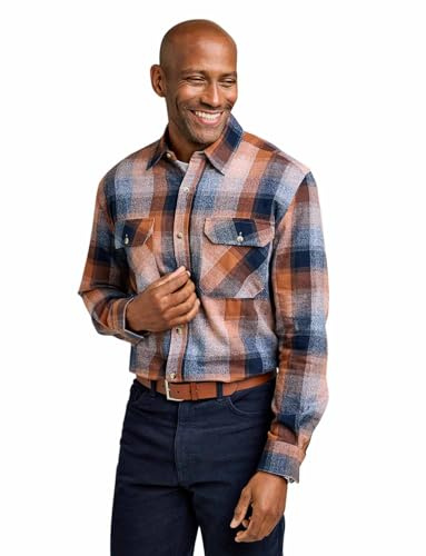 Pegasus Men's Long Sleeve Brushed Cotton Check Shirt with Chest Pockets Navy L