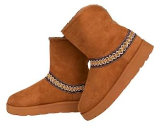 iKrush Suedette Ankle Boots for Women, Camel Embroidered Flat Chunky Sole Casual Slip-On Style